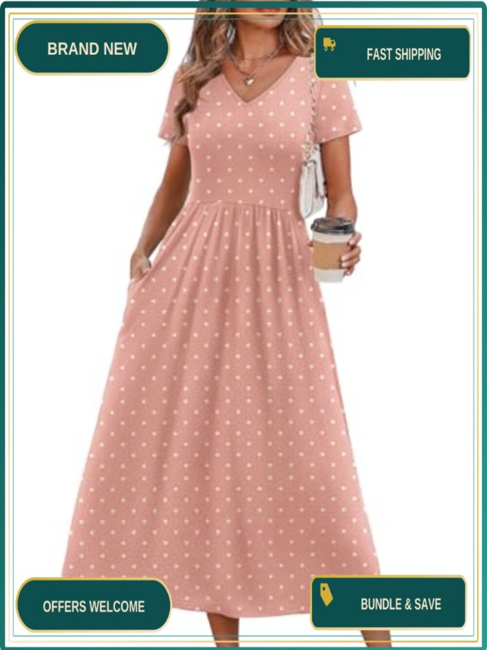 Flowy A-Line Midi Dress with Pockets - V-Neck Short Sleeve Casual Sundress